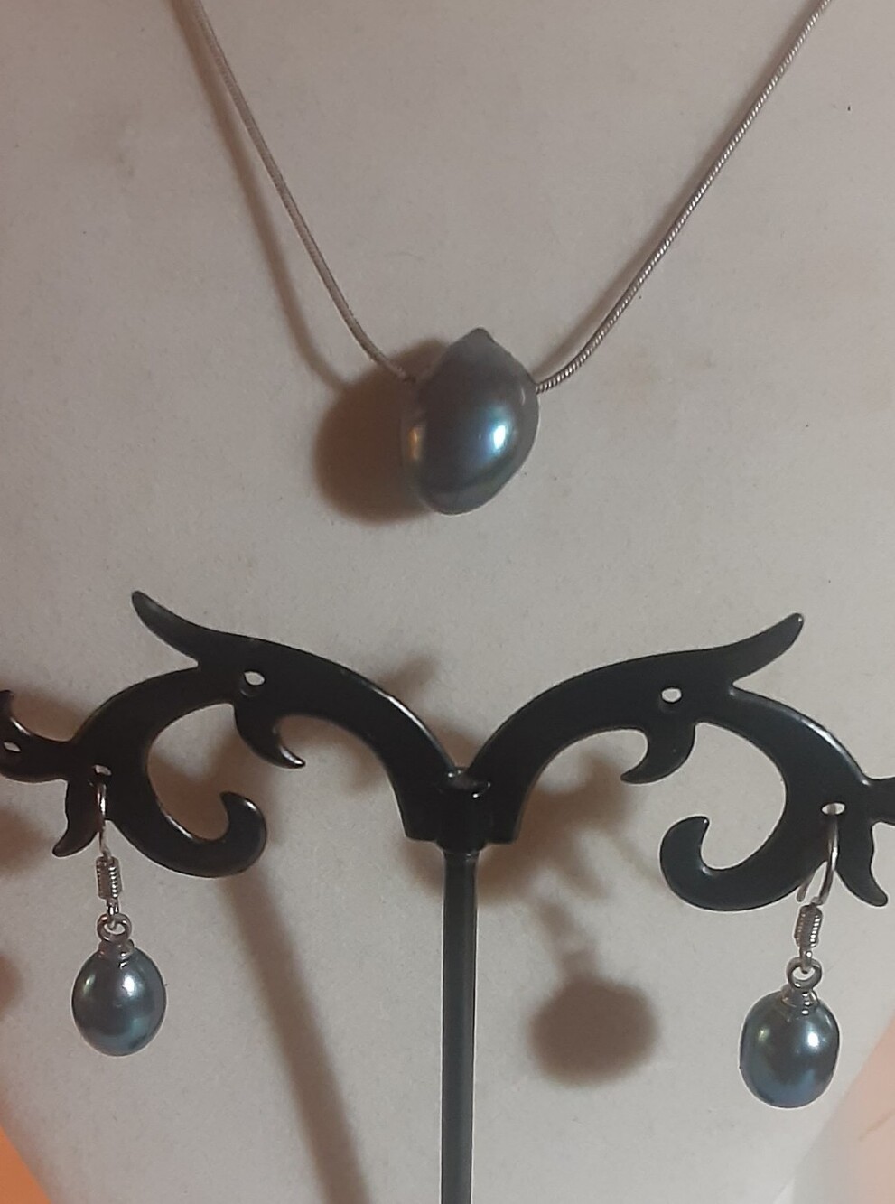 Baroque TAHITIAN Peacock Colored Pearl Slider Necklace & Earrings 925 Sterling